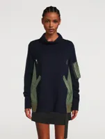Wool Twill Mix Turtleneck With Pleated back