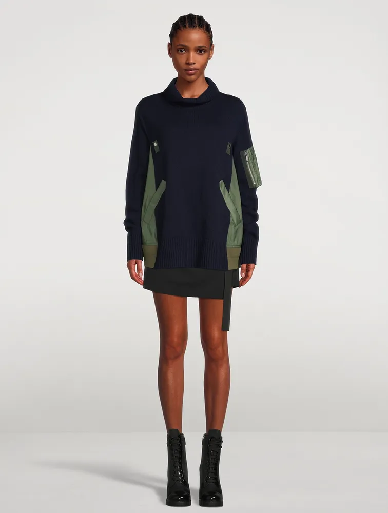Wool Twill Mix Turtleneck With Pleated back