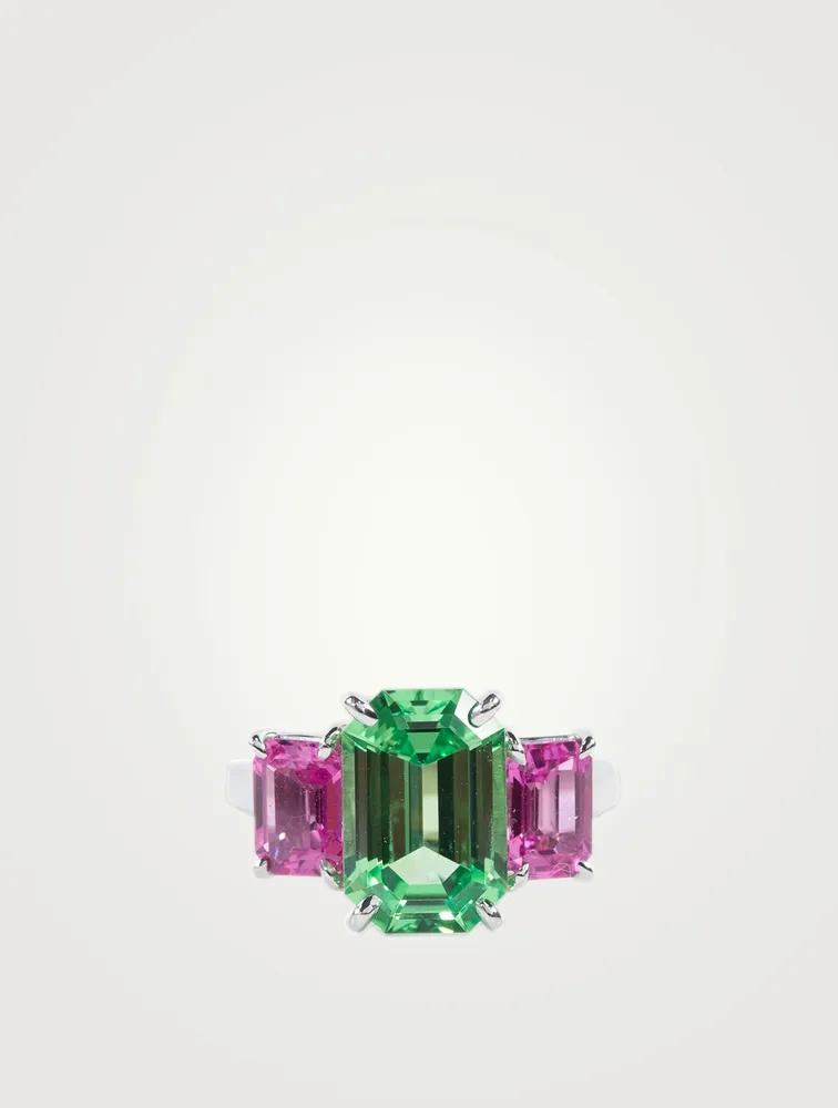 Emerald Cut Tsavorite And Pink Sapphire Ring