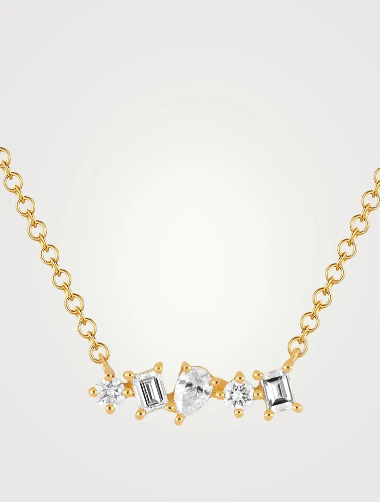 14K Gold Multi Faceted Mini Bar Necklace With Diamonds