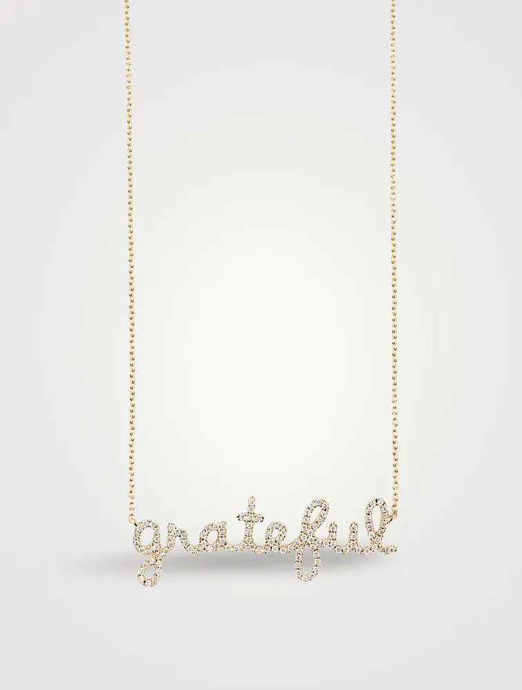 14K Gold Grateful Script Necklace With Diamonds
