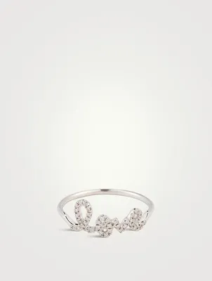 14K White Gold Love Script Ring With Diamonds