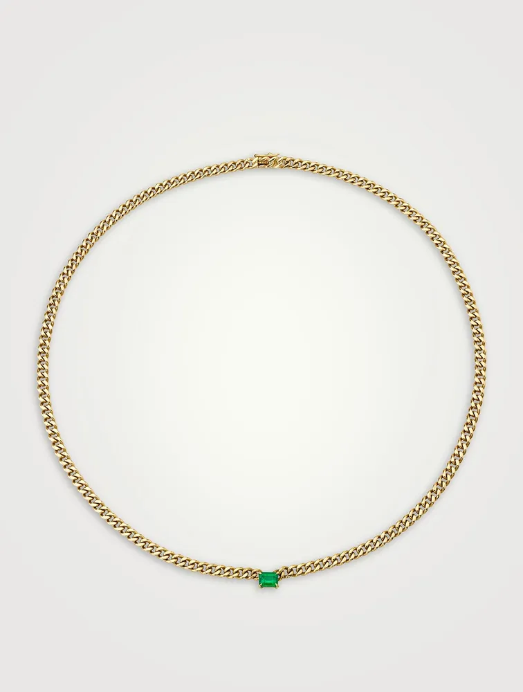 18K Gold Cuban Link Necklace With Emerald