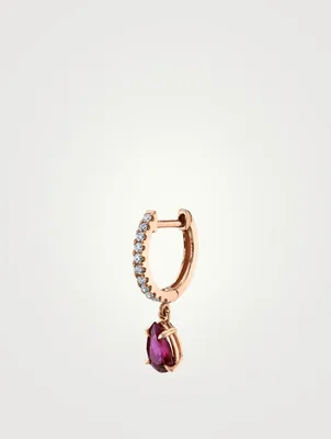 18K Rose Gold Ruby Drop Huggie Earring With Diamonds