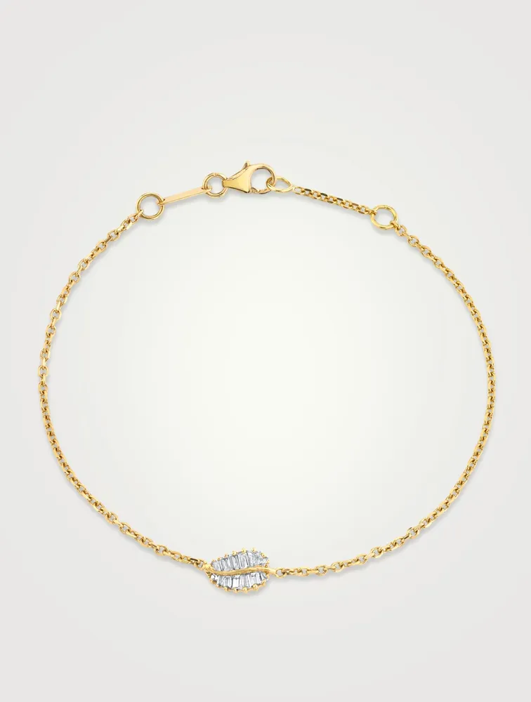 18K Yellow Gold Small Palm Leaf Bracelet With Diamonds