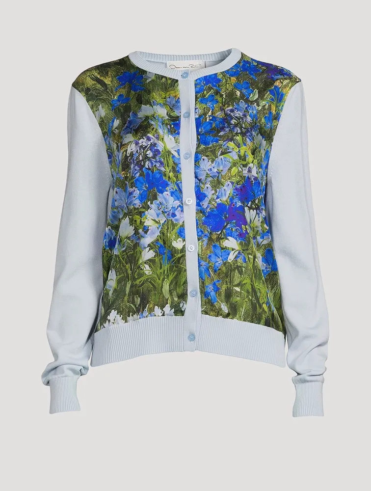 Silk Insert Wool Cardigan Floral Field Print