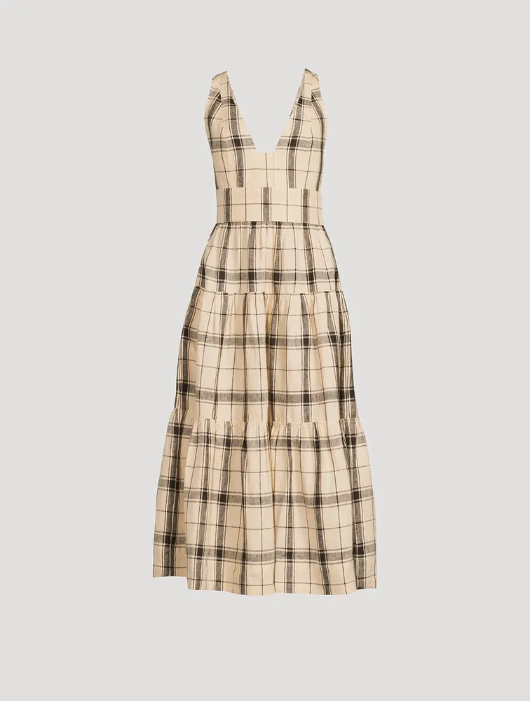 Indra Cross-Back Linen Midi Dress Check Print
