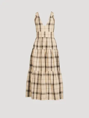Indra Cross-Back Linen Midi Dress Check Print