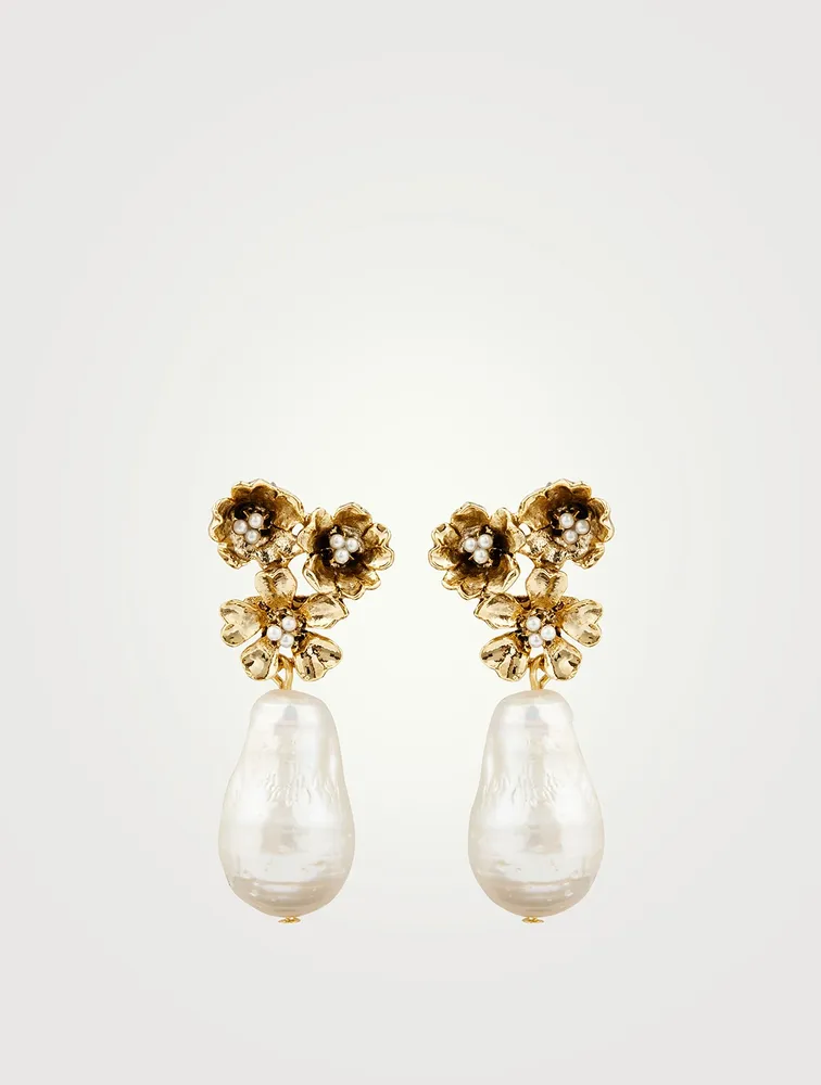 Floral Pendant Earrings With Pearls