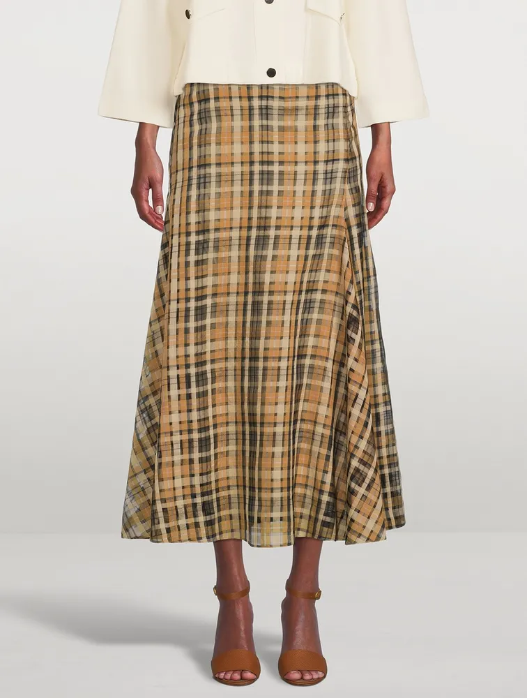 Silk Organza Midi Skirt Check Print