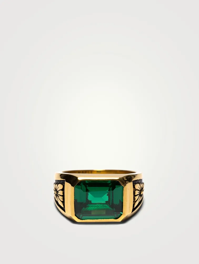 14K Gold-Plated Midnight Signet Ring With Emerald