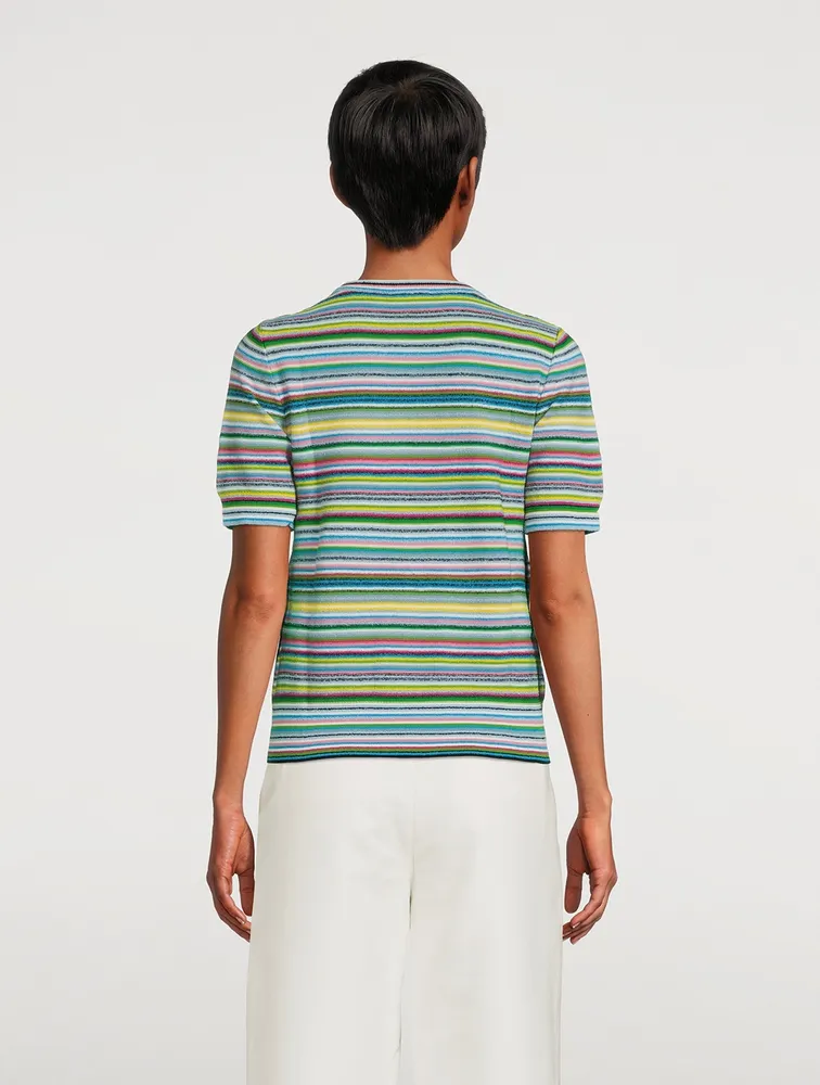 Short-Sleeve Bouclé Sweater Stripe Print