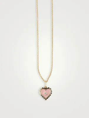 14K Gold Enamel Heart Necklace With Diamond