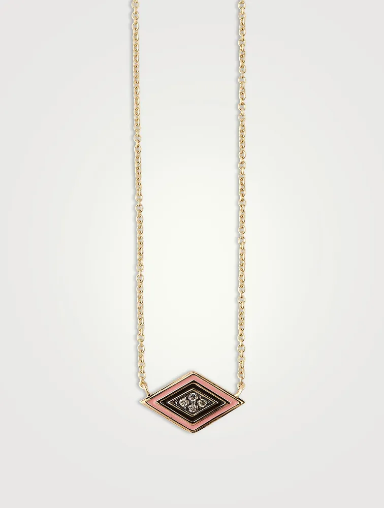 14K Gold Enamel Groovy Eye Necklace With Diamonds