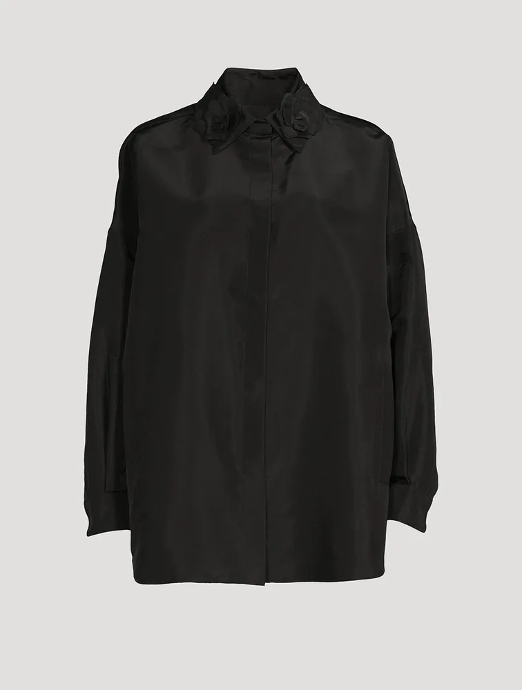 Silk Faille Shirt With Floral Appliqué