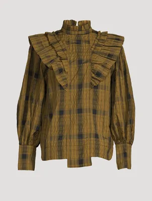 Ruffled Seersucker Blouse Check Print