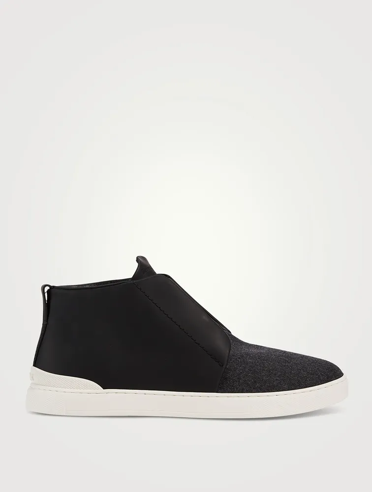 Triple Stitch Rubberized Leather And Flannel Sneakers
