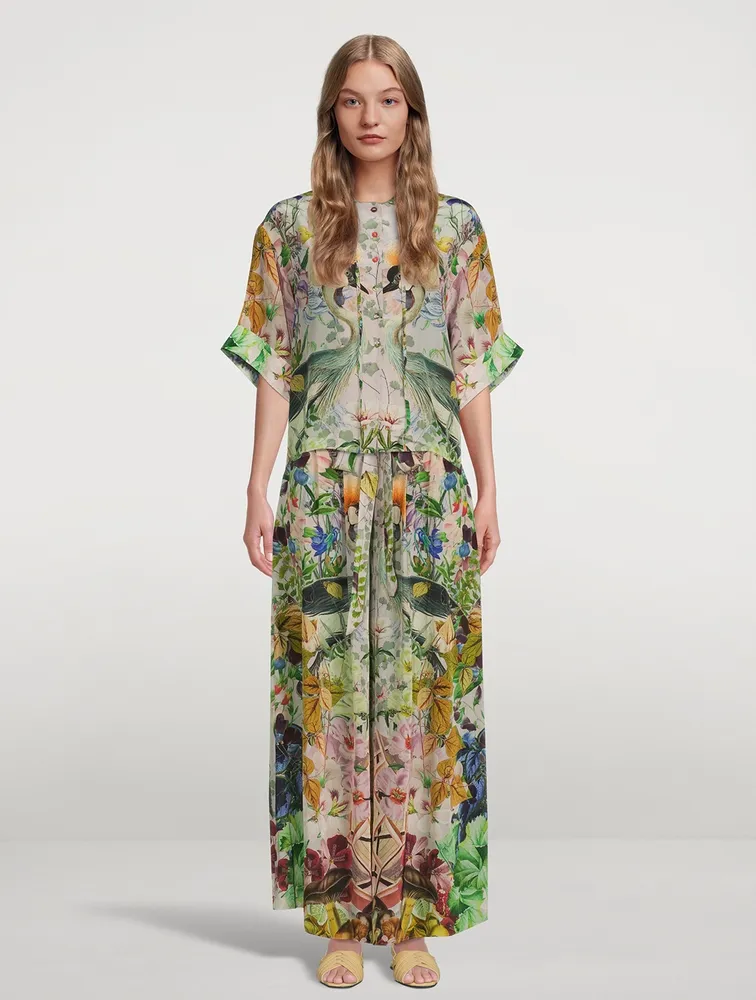 Belted High-Waisted Palazzo Pants Crowned Cranes Print