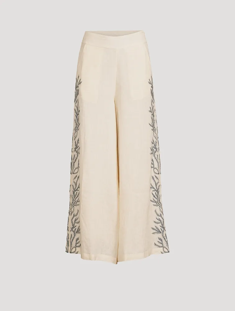 Hemp High-Waisted Palazzo Pants With Embroidery