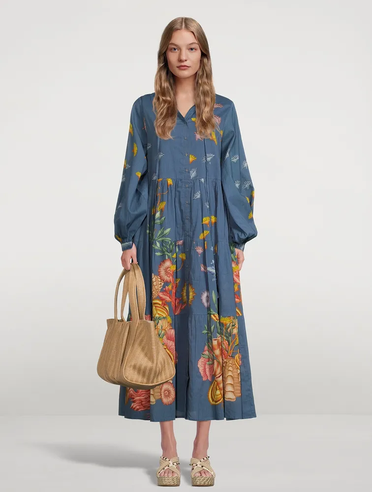 Valeria Organic Cotton Button-Up Maxi Dress Shell Print