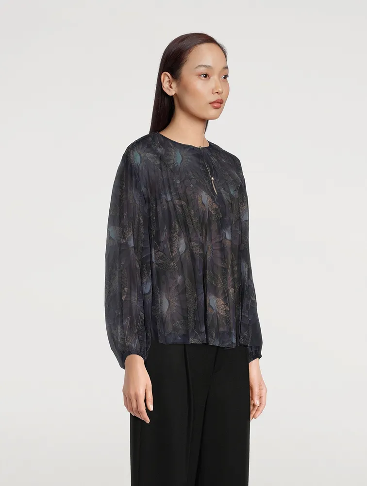 Deco Pleated Peasant Blouse Floral Print