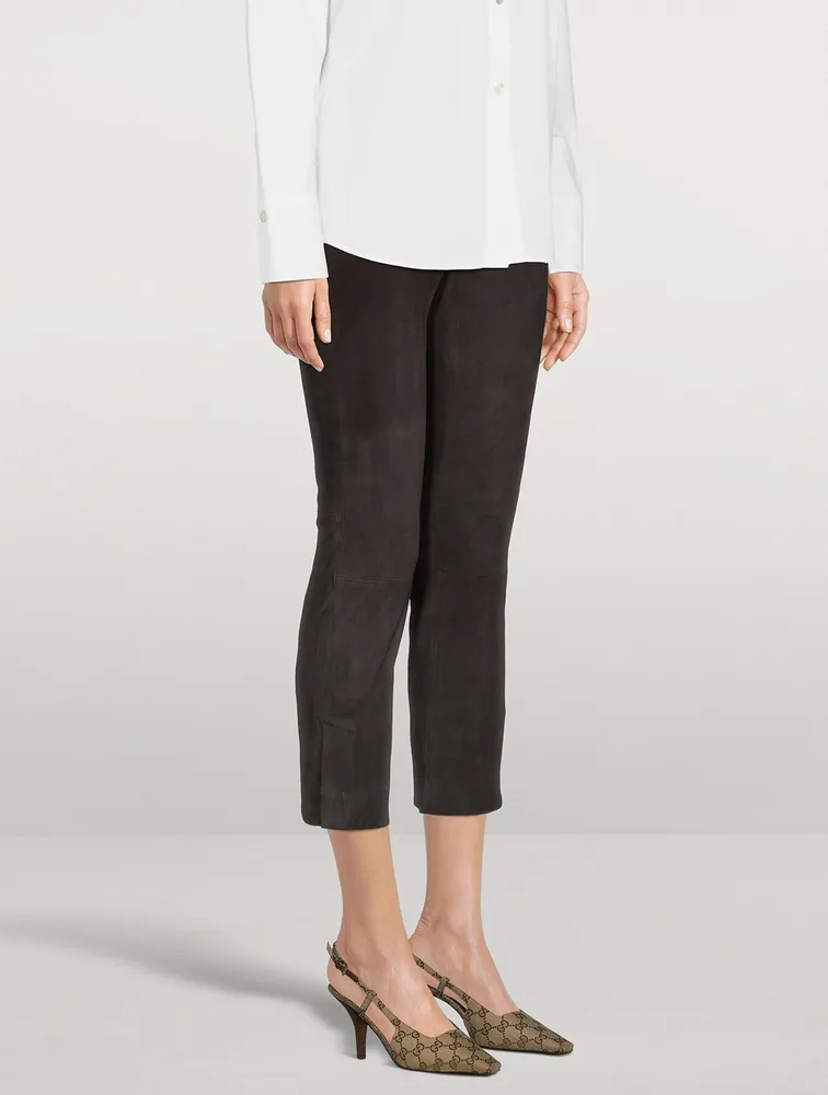 Stretch Suede Pants With Split Hem