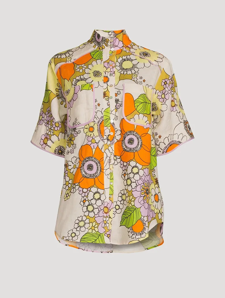 Farrah Oversized Linen Shirt Floral Print
