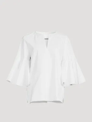 Flounce-Sleeve Cotton Blouse