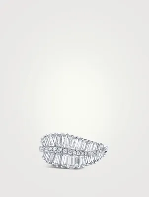 18K White Gold Sideways Palm Leaf Ring With Diamonds