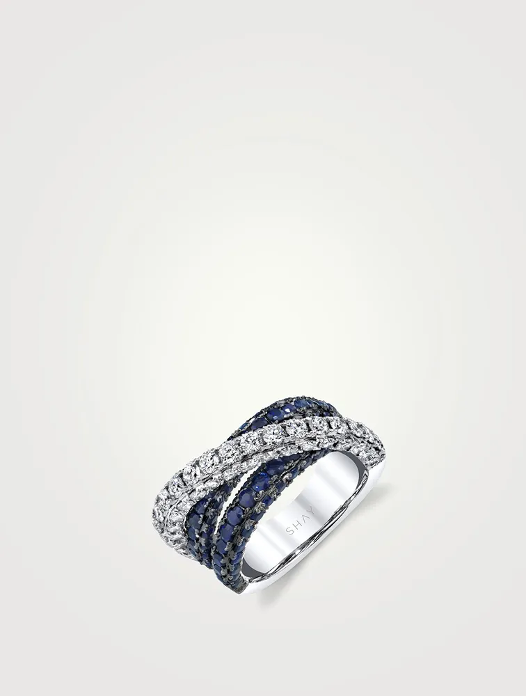18K White Gold Three-Sided Orbit Ring With Sapphire And Diamonds