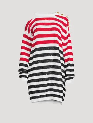 Embellished Striped Sweater Dress With Buttons