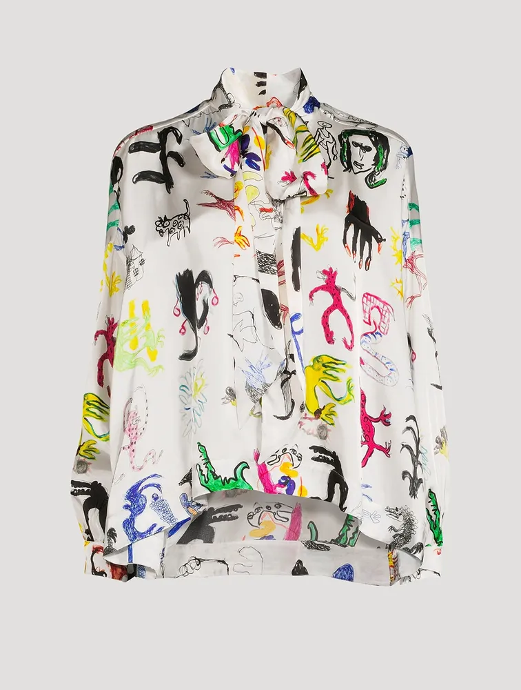 Tie-Neck Blouse In Artist Doodles Print
