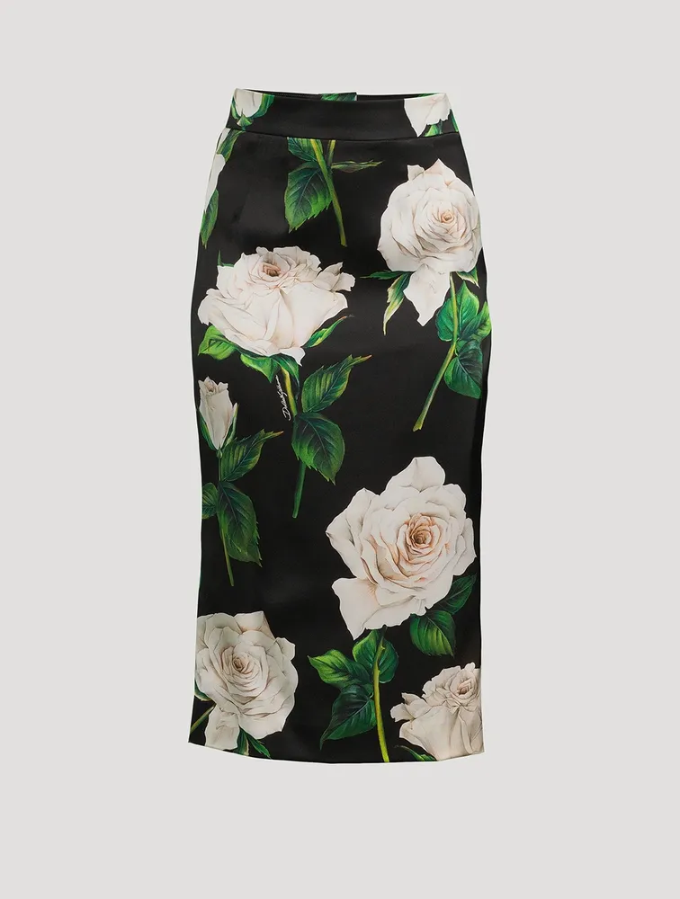 Satin Pencil Skirt Rose Print