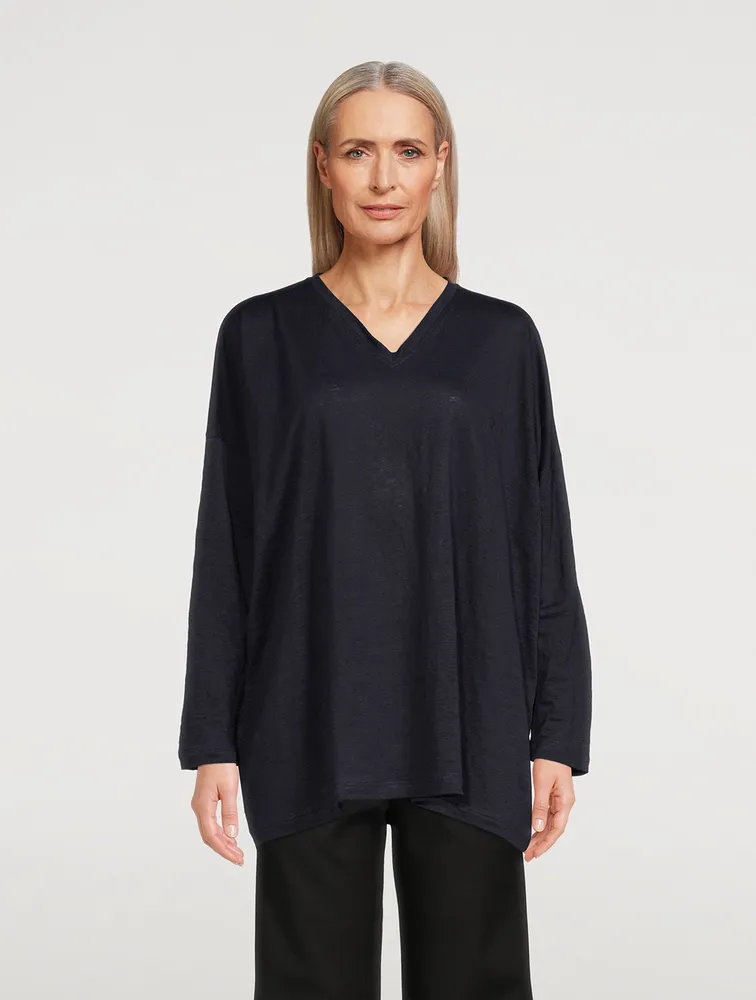 Linen Long-Sleeve V-Neck Sweater