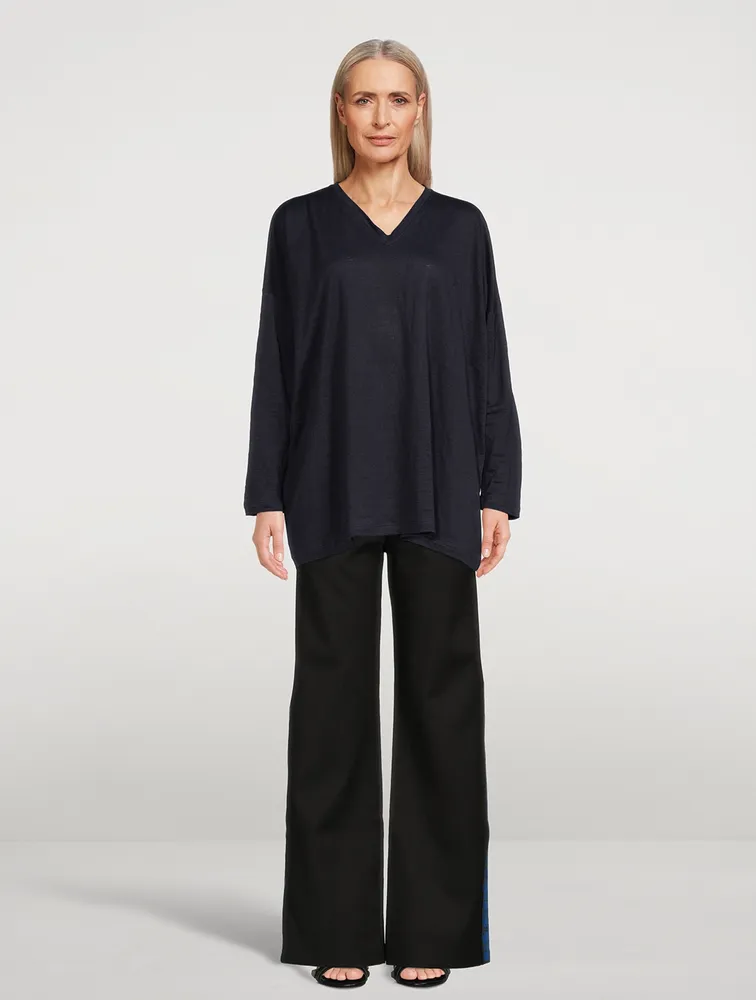 Linen Long-Sleeve V-Neck Sweater