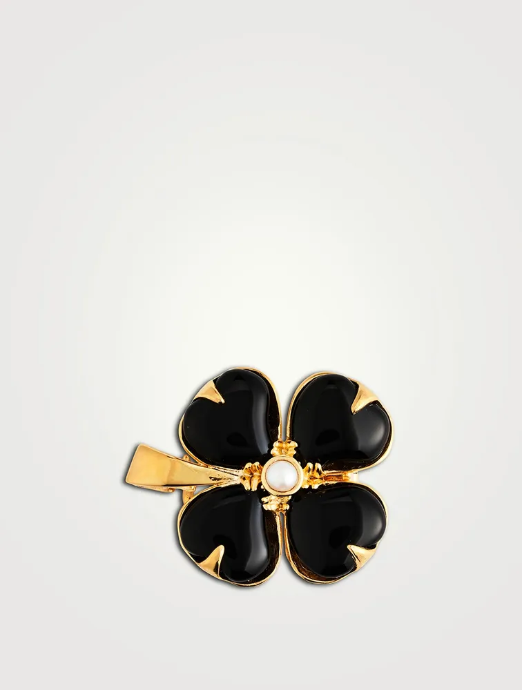24K Gold Plated Trefle Black Agate Brooch