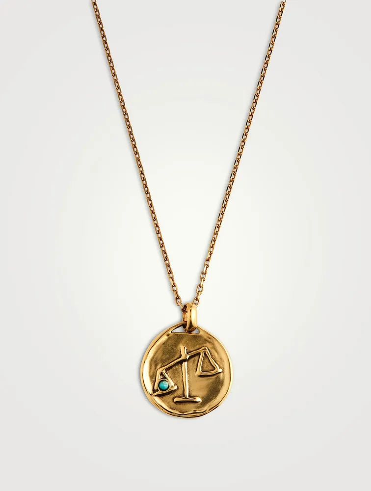 24K Gold Plated Talisman Mini Libra Medallion Necklace With Turquoise