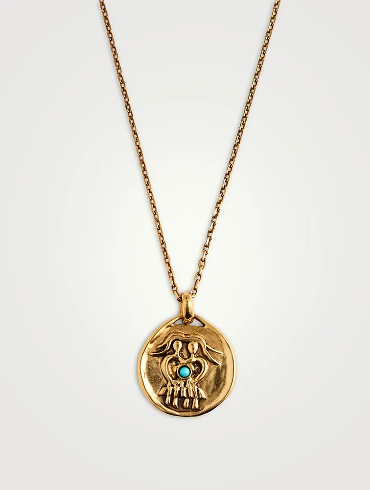 24K Gold Plated Talisman Mini Gemini Medallion Necklace With Turquoise