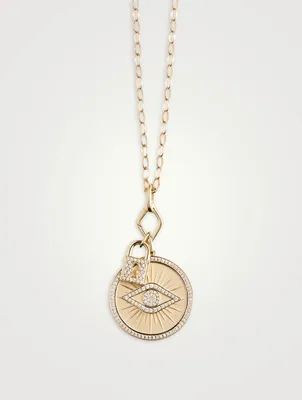 14K Gold Evil Eye Lock Pendant Necklace With Diamonds