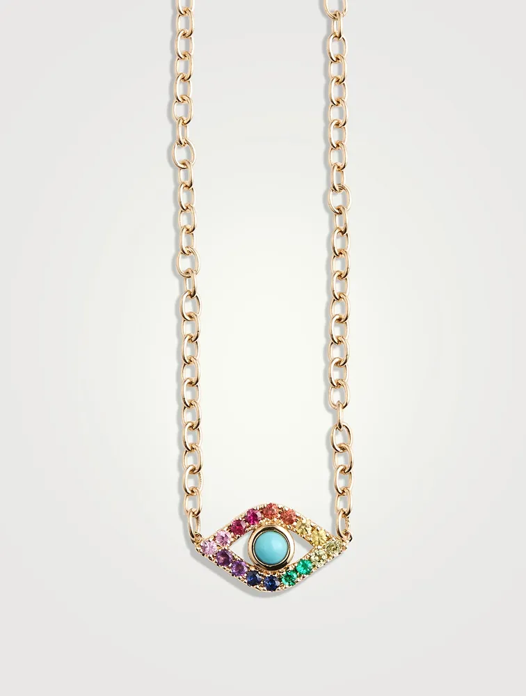Large 14K Gold Rainbow Evil Eye Necklace With Turquoise