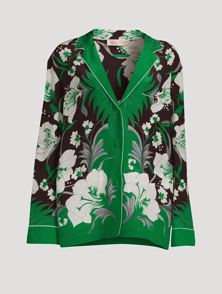 Crepe De Chine Pajama Shirt Street Flowers Tulipop Print