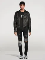 Leather Biker Jacket With Paint Drip Logo