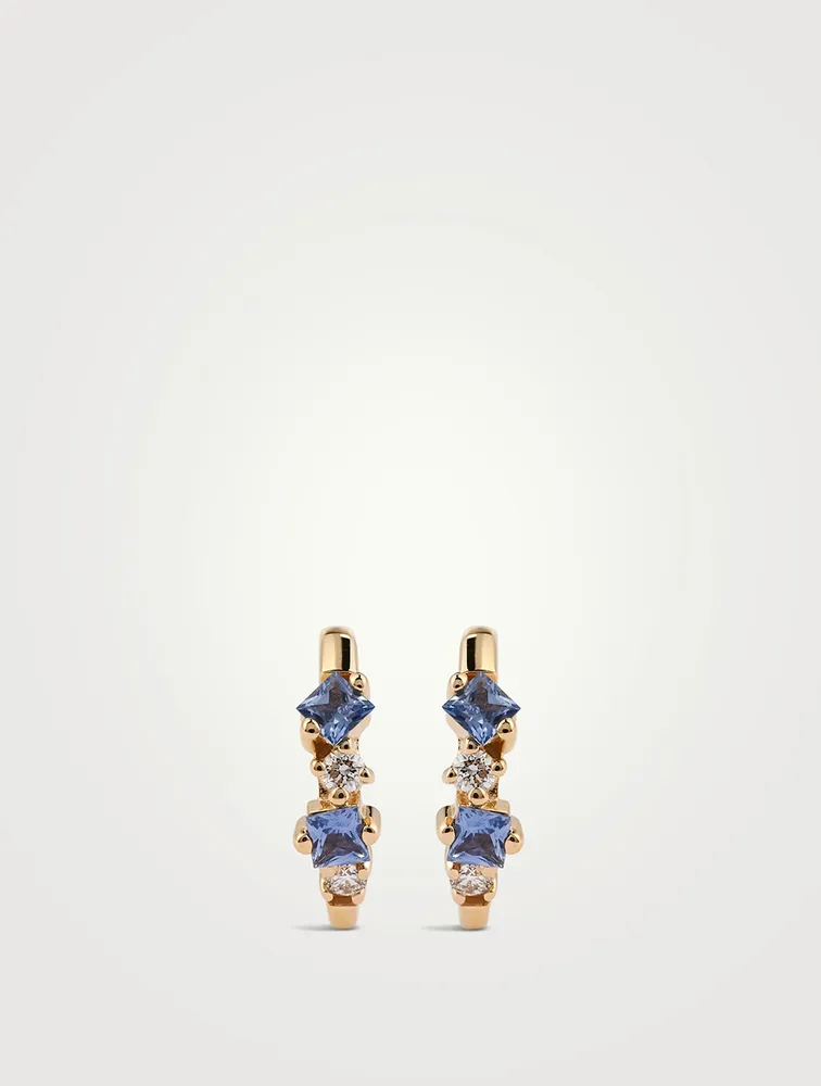 18K Gold Huggie Earrings With Sapphire And Diamonds