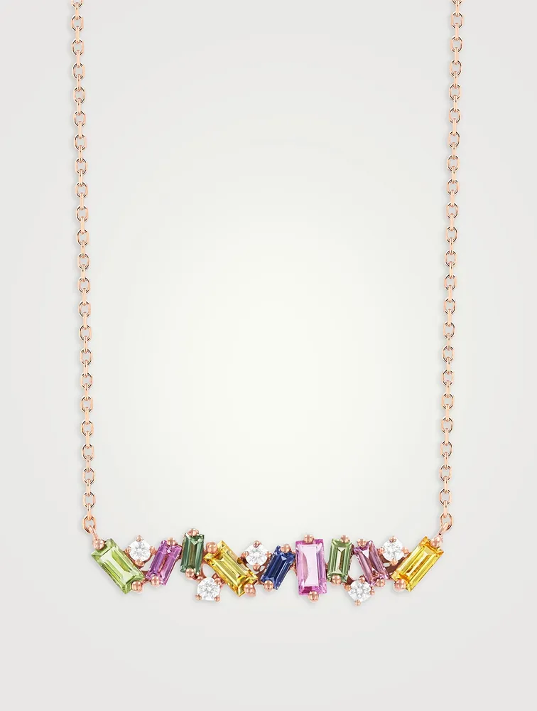 Fireworks 18K Rose Gold Bar Necklace With Pastel Rainbow Sapphires And Diamonds