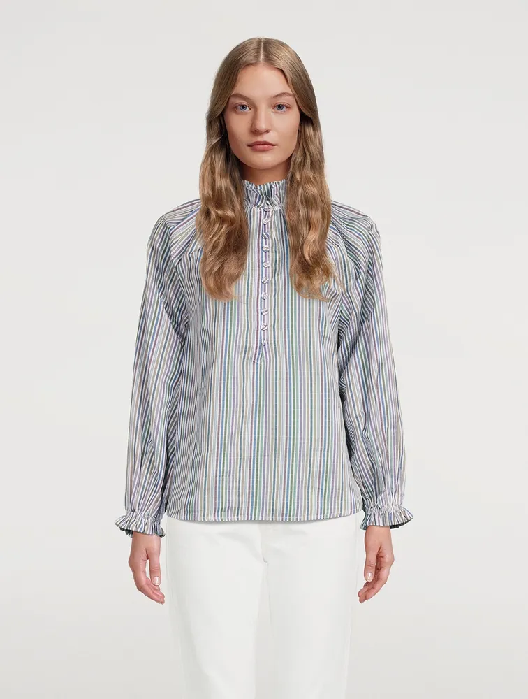 Aurelia Cotton Silk Dobby Ruffle Collar Shirt Striped Print
