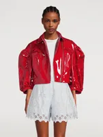 Cropped Patent Leather Biker Jacket with Frill Detail