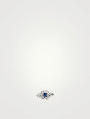 Mini 14K White Gold Evil Eye Stud Earring With Blue Sapphire And Diamonds