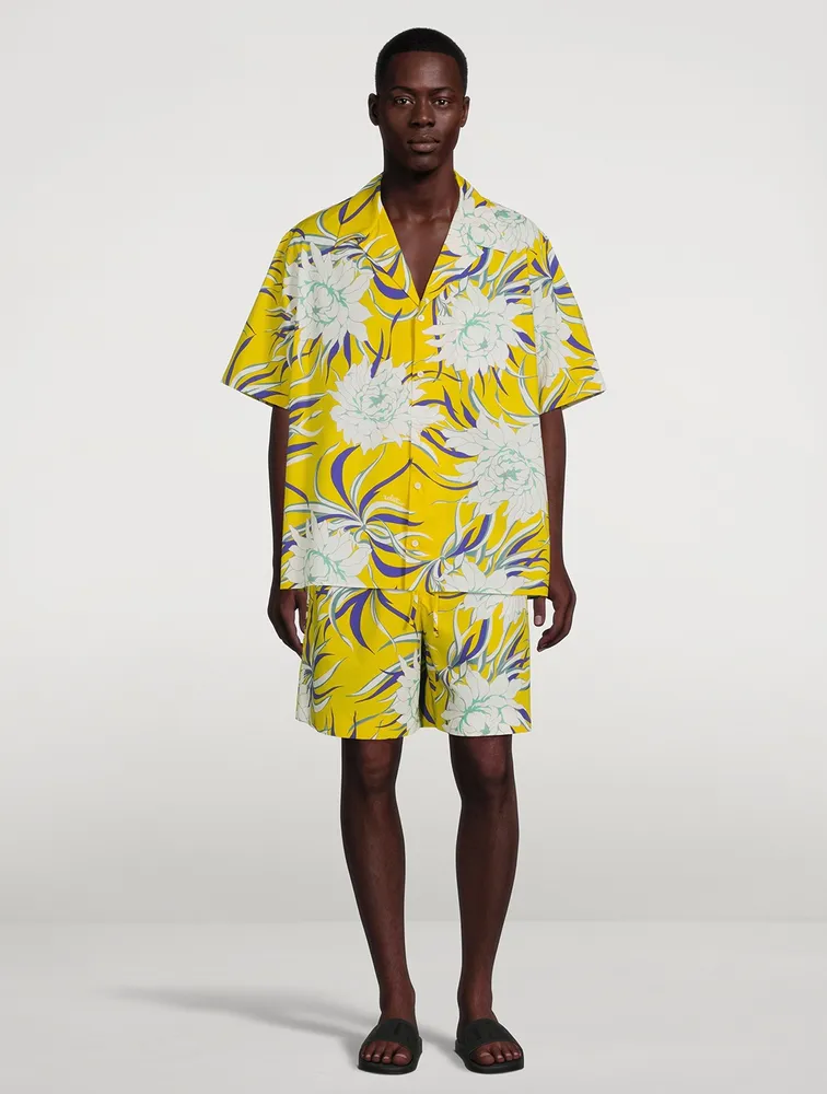 Cotton Poplin Bowling Shirt Street Flowers Print