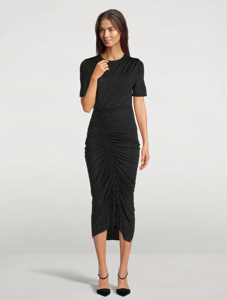 Ruched Midi Dress In Pin Dot Print