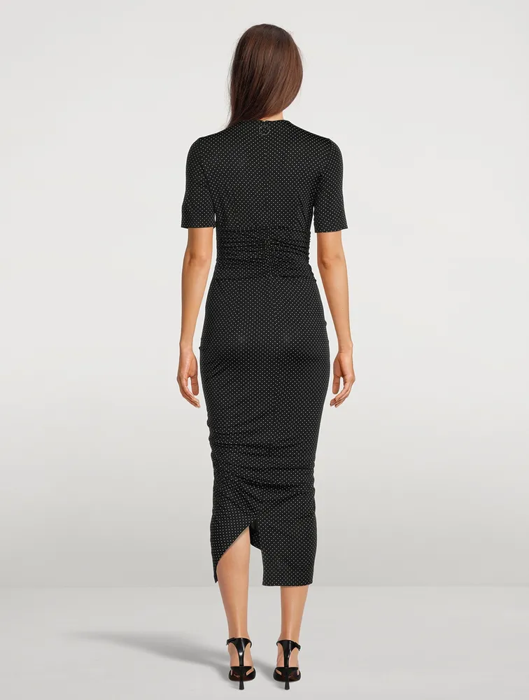 Ruched Midi Dress In Pin Dot Print